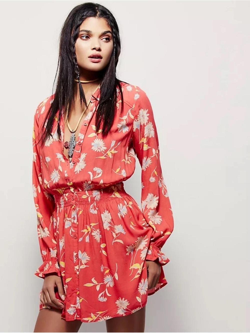 Free People Ruthie Floral Long Sleeve Mini Dress Smocked Boho Red Pink Size M